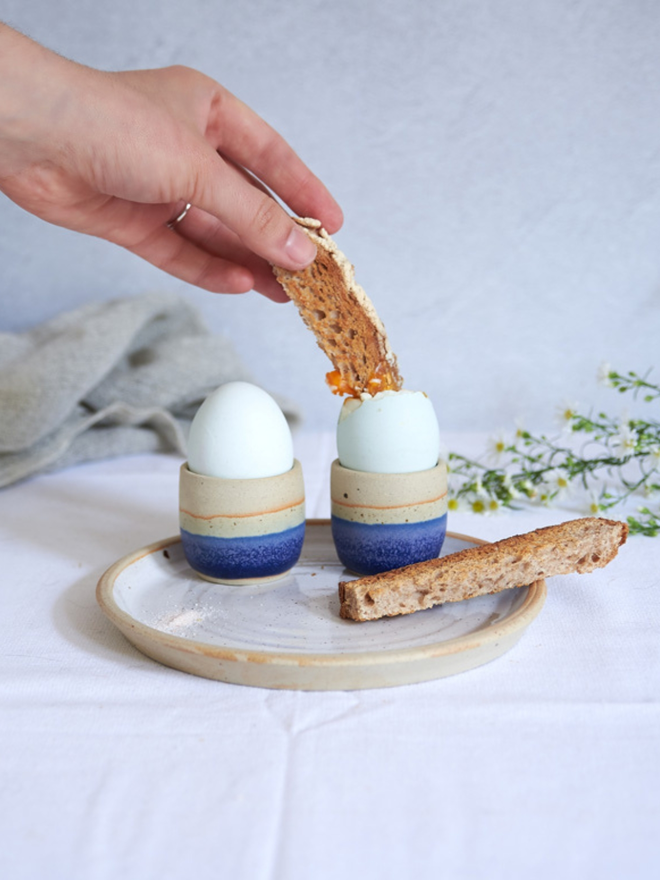 Blue Ceramic Egg Cups and Plate