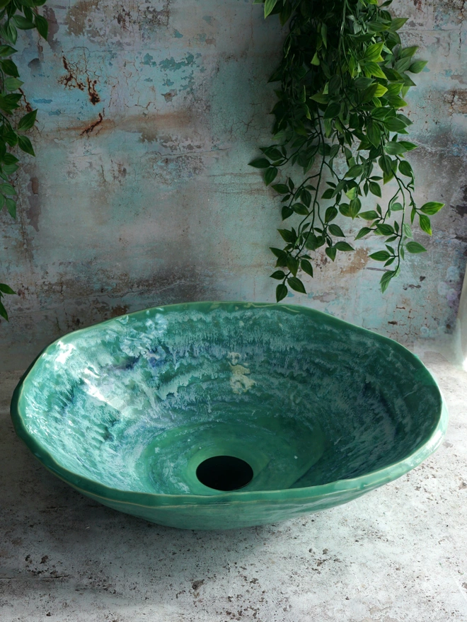 ceramic bathroom basin, unique bathroom basin, handcrafted bathroom basin, handmade bathroom basin, handmade sink, handcrafted sink, bespoke, basin, bespoke sink, green sink, green basin, Jenny Hopps Pottery, sculptural basin, sculptural sink, luxury bathroom basin