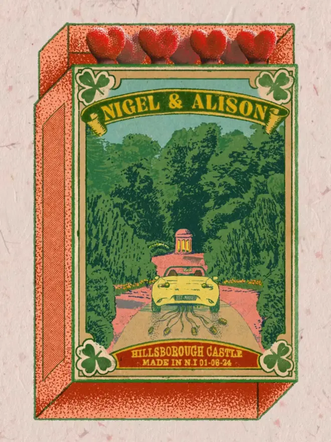 An illustrated, retro-style matchbox with a pink and green border. The central image depicts a yellow car with ribbons tied to the back, driving down a path away from a large castle or grand building. The car is surrounded by lush green trees and a hedge-lined driveway. A banner at the top reads "NIGEL & ALISON." At the bottom, a red banner says "HILLSBOROUGH CASTLE," with "MADE IN N.I 01-06-24" in smaller font below it. The match tips on the top are dark red hearts, and four-leaf clovers are visible in the top and bottom corners of the box. The entire image has a grainy, distressed texture.