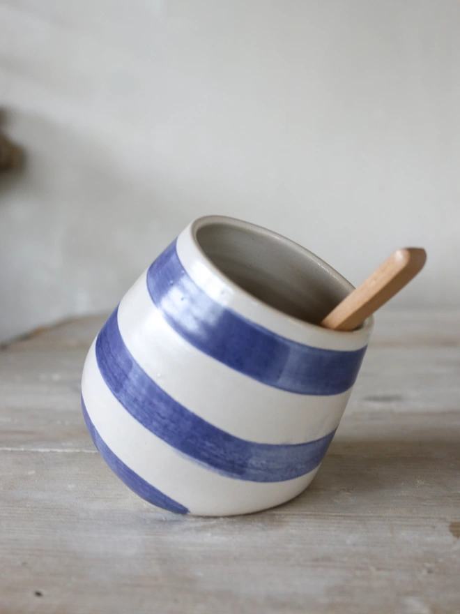 Blue & white striped salt pot