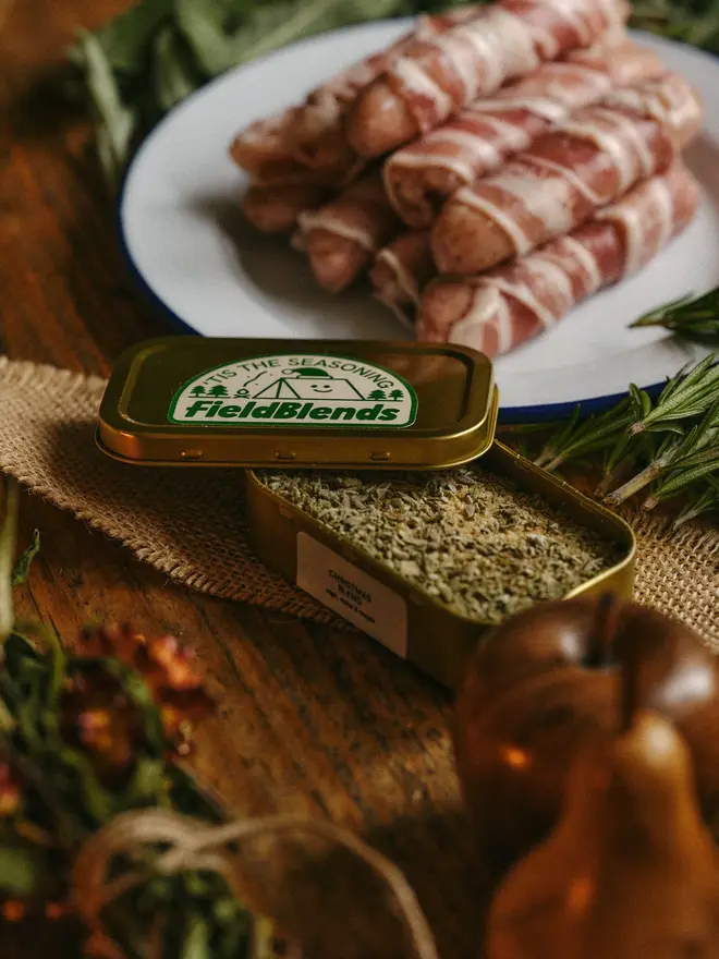 Christmas Blend, tin on table with Christmas food. 