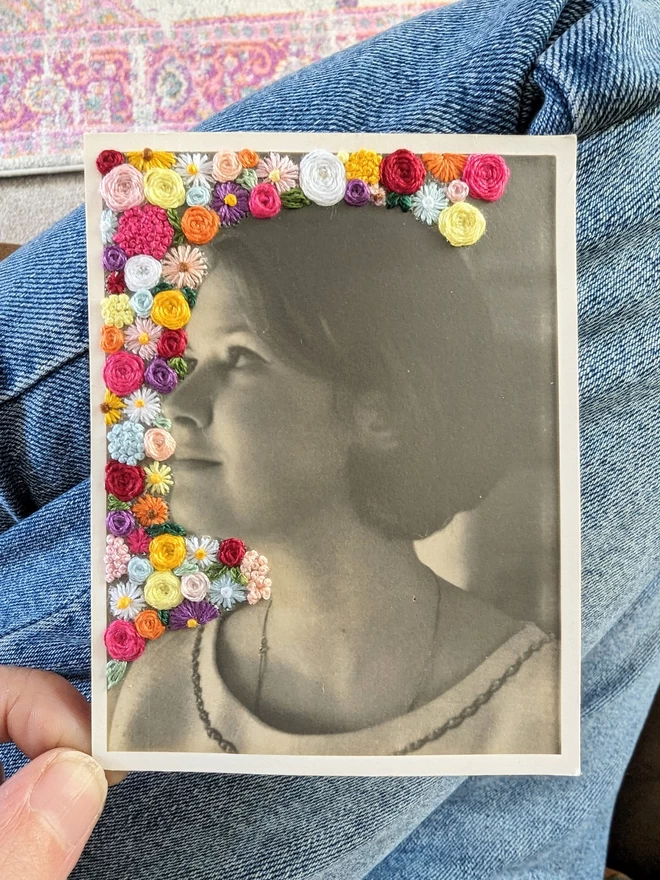 Progress photo of original vintage photo with half embroidered flowers
