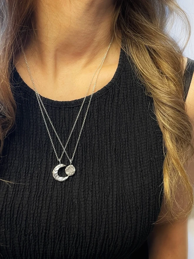 Hand made sun and moon friendship necklaces made from 100% recycled sterling silver, cute gift for girlfriend or wife for Valentine's Day, Galentine's Day or Mother's Day. Send straight to your special someone. Made by Celina C Jewellery, a small business in the UK, find on Holly and Co.