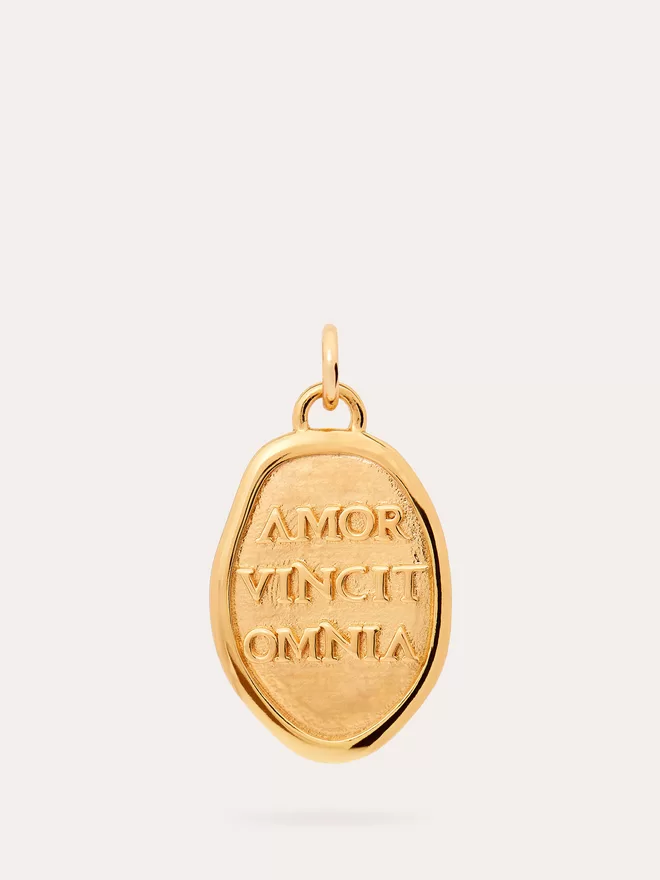 Front view of Amor Vincit Omnia love gold Medallion.