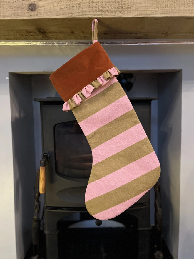 Pink and Olive Stripe with Rust Velvet Cuff and Ruffle