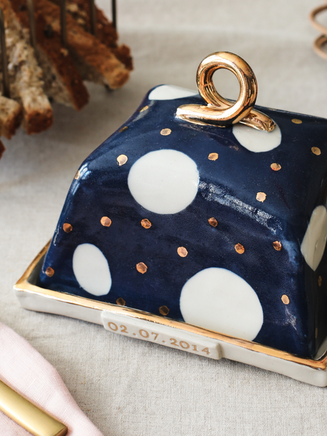 Personalised Ceramic Blue Polka Dot Butter Dish