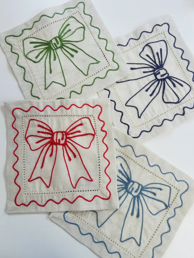 Individual Embroidered Bow Coasters 