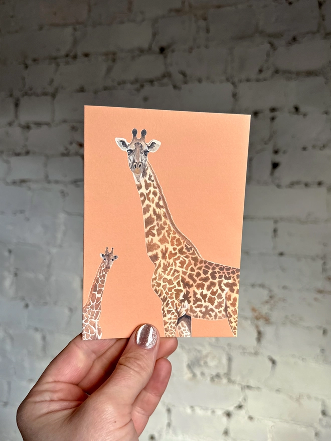 an orange greetings card featuring illustrations of two giraffes