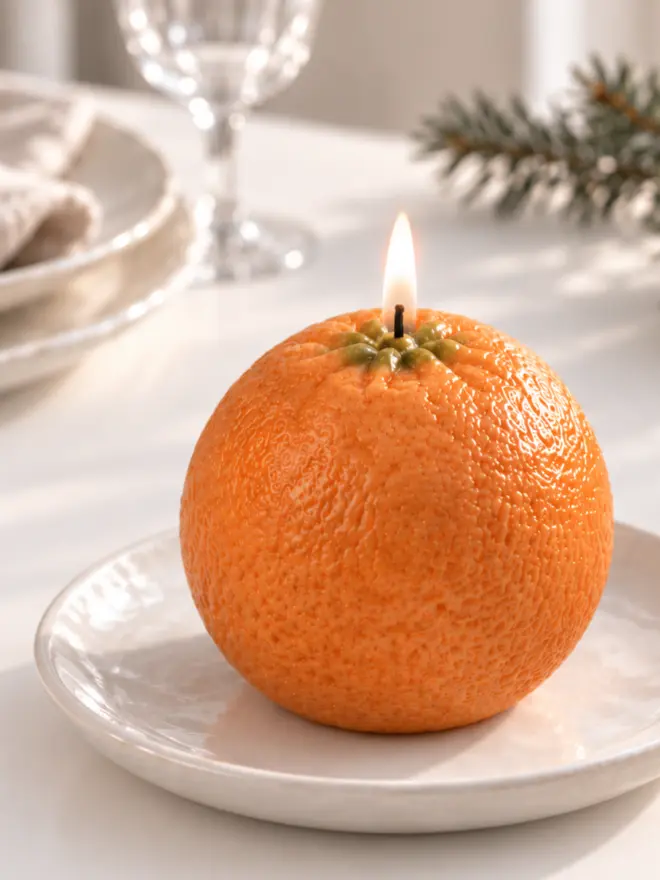 single orange on a plate with a small flame on the wick