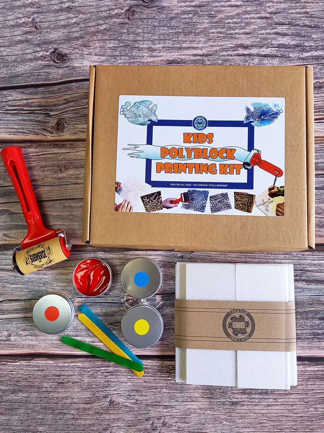 kids polyblock printing kit unpacked inks roller polyblock