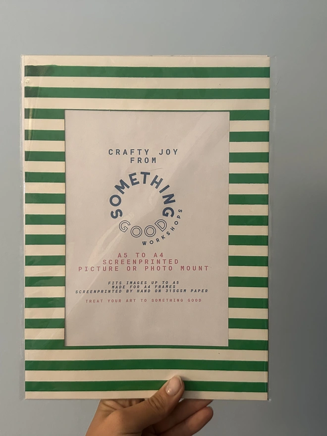 A4 Screenprinted Mount for A5 Image, in Thin Green Stripes