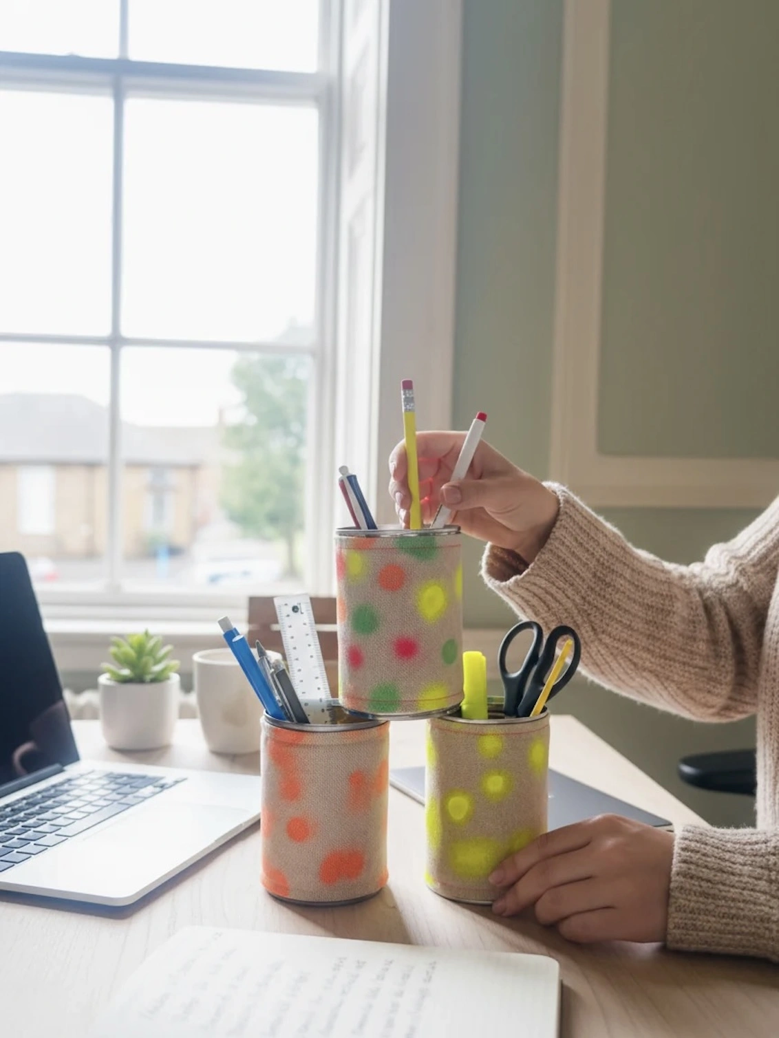 Upcycled & Repurposed Linen Tin Holder Polka Dot Print, a trio of polka dot tins on a desk accompanied by other study items. 