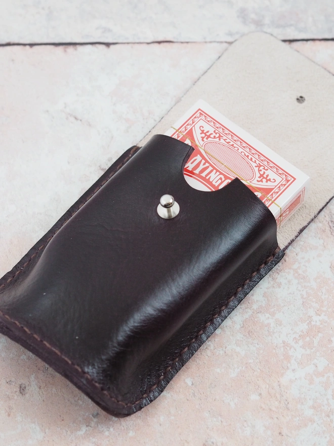 hand dyed plum purple leather playing card holder