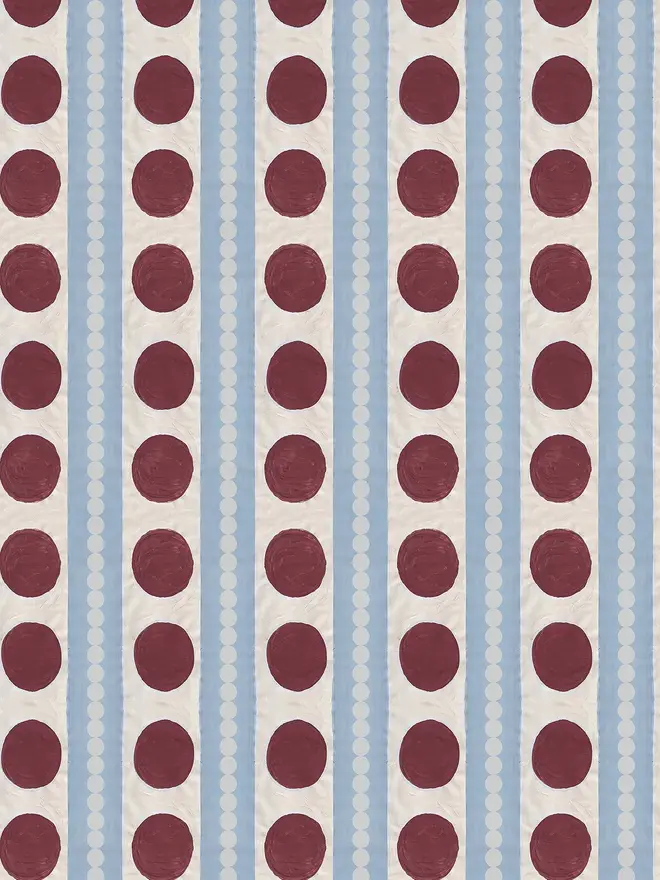 bloomsbury circle stripe wallpaper. wallpaper patterned with blue stripes and burgundy red spots.
