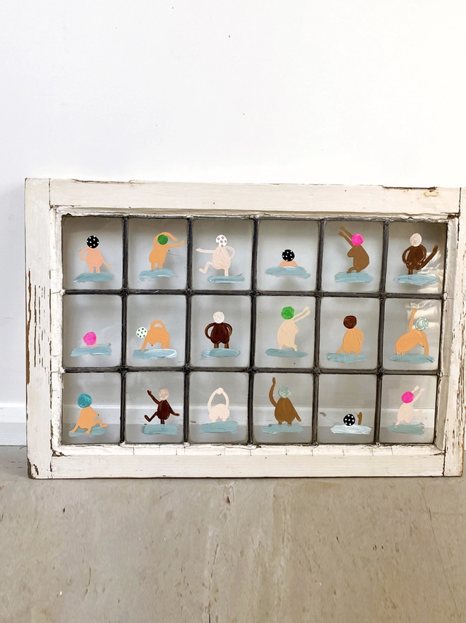 18 whimsical swimmers painted on old window stretching in the nude. Funny, quirky and playful