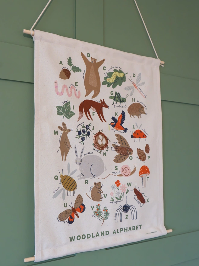 Woodland Alphabet Fabric Banner, against a green wall. 