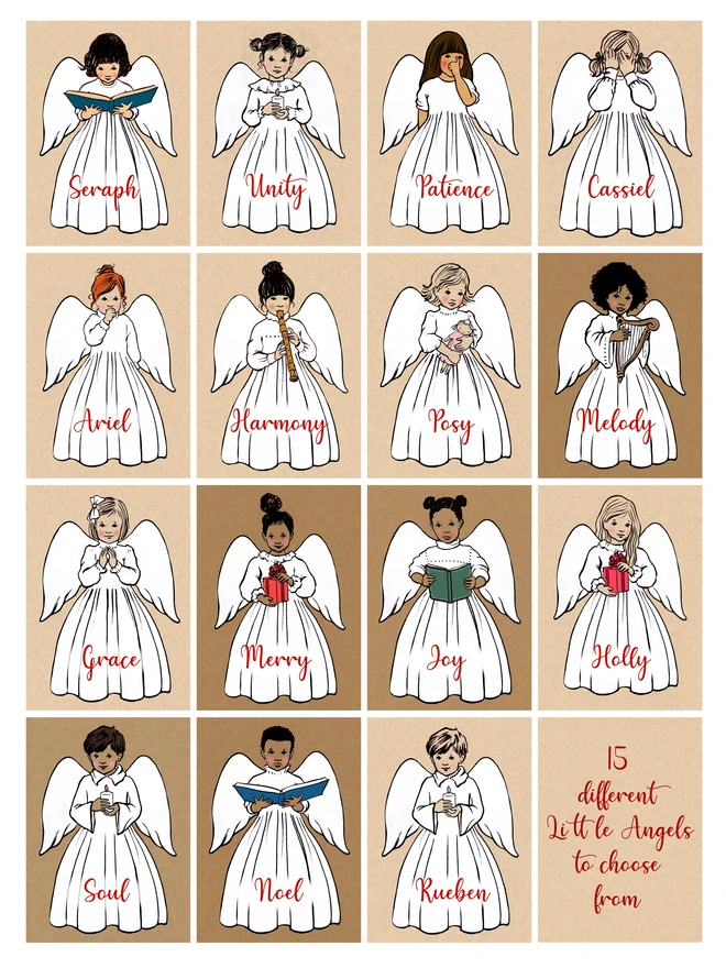 an image showing lots of different illustrations of angels drawn in a vintage traditional story book style