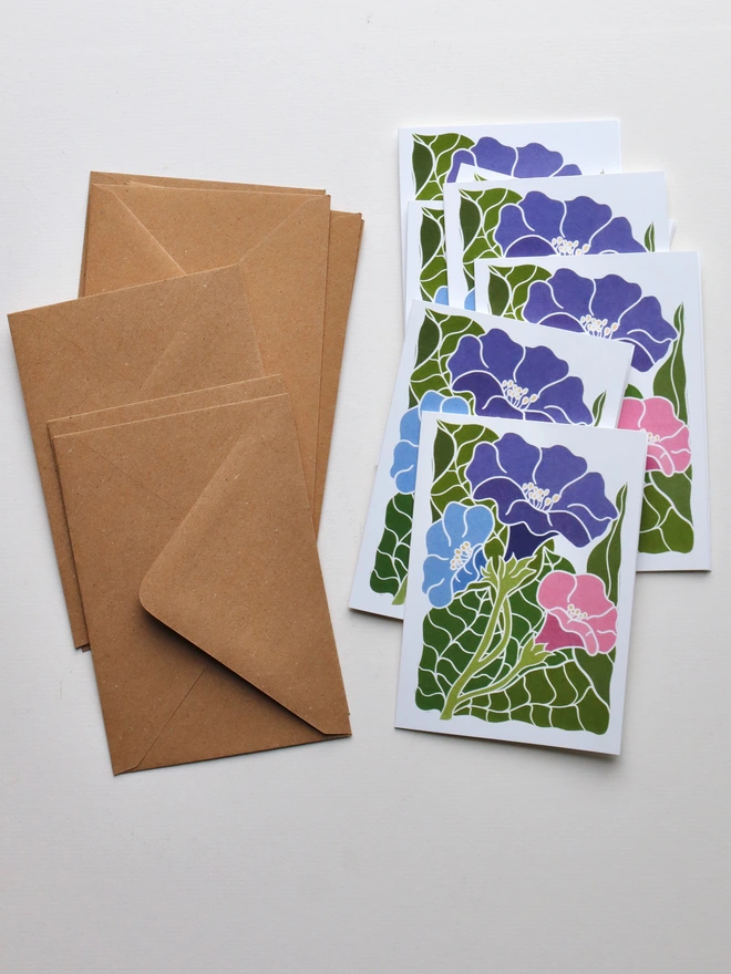 Norfolk studio printed morning glory cards with biodegradable packaging and recycled kraft envelopes included