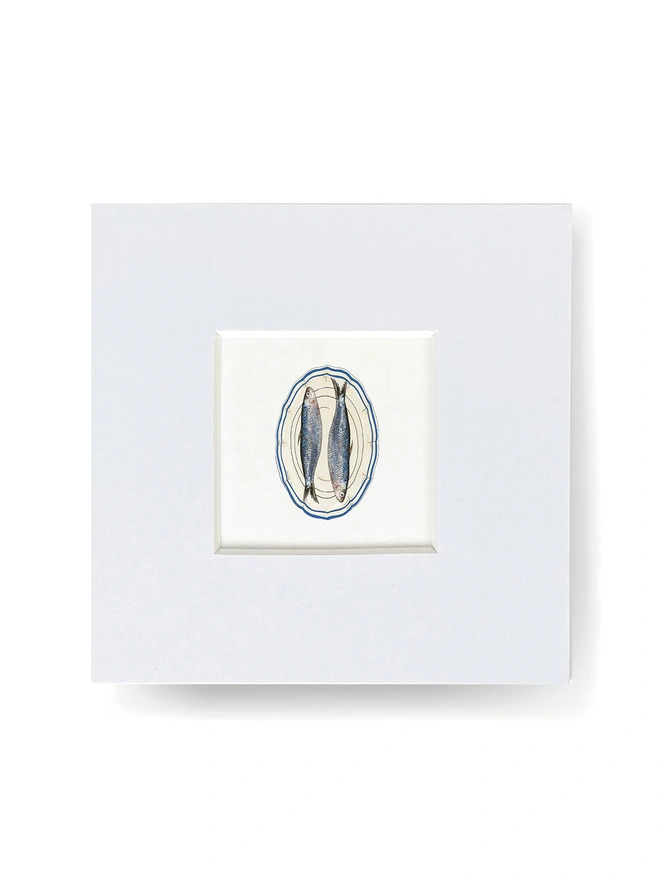 Mini mounted art print with mount featuring two sardines on a plat