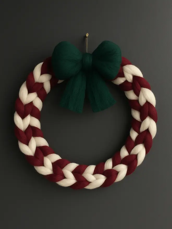 Candy Cane Chunky Knitted Wool Wreath With Bow 