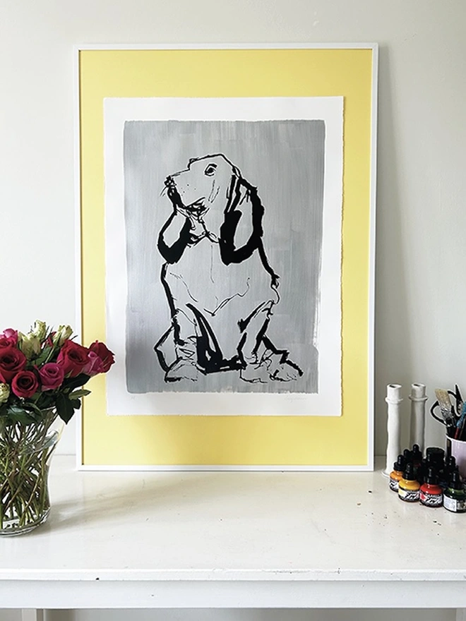 Basset Hound Dog in Silver Screenprint