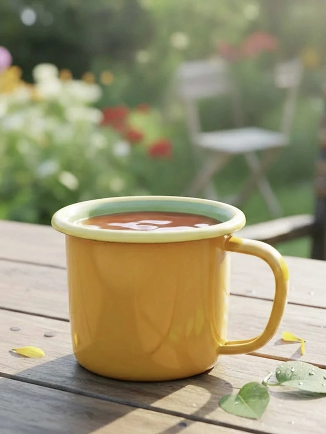 Enamel Mug, an enamel mug sitting on a wooden table outside. 