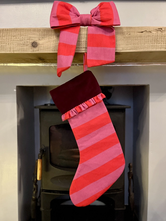 Red and Pink Stripe with Burgundy Velvet Cuff and Ruffle