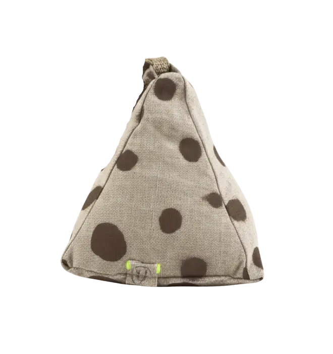 Hand Painted Linen Sustainable Doorstop In Polka Dot Print, a muted mocha brown doorstop against a white background. 