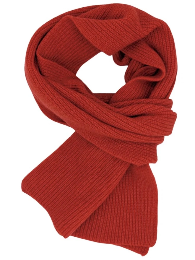 Lambswool Ribbed Scarf, a colourful ribbed scarf siting on a plain white surface. 