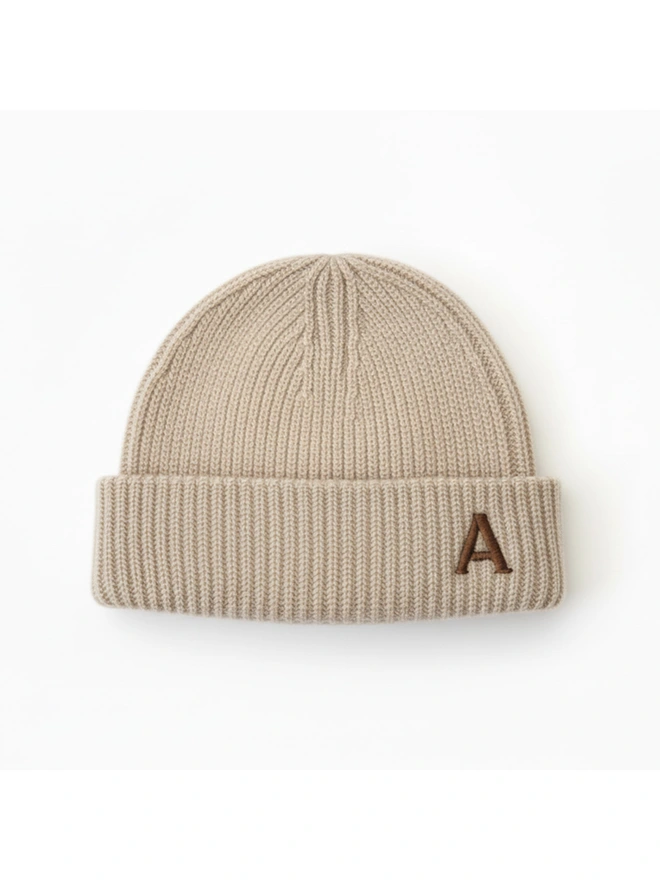 Personalised Embroidered Letter Beanie in Oatmeal