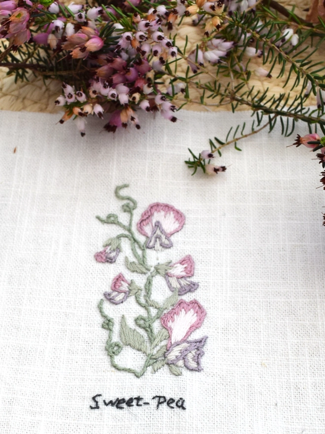 Floral Botanical embroidery kit of a pink and lilac mix Sweet Pea or Lathers Odoratus a symbol for April and 5th wedding anniversary.  Meaning I think of you, Gratitude, Pleasure, Delicacy and Goodbye.
