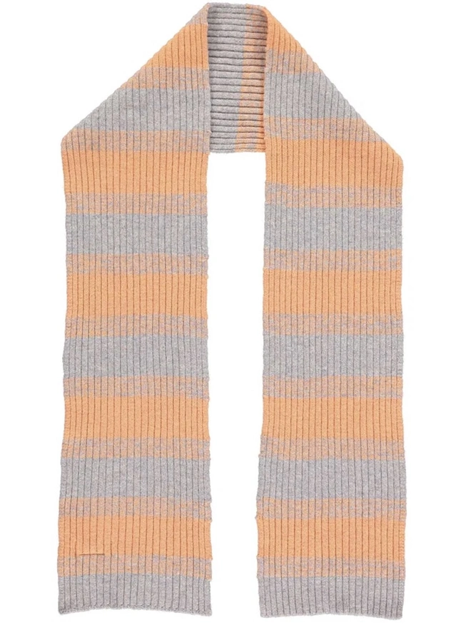 Lambswool Striped Scarf, a colourful striped scarf sitting on a plain white surface. 