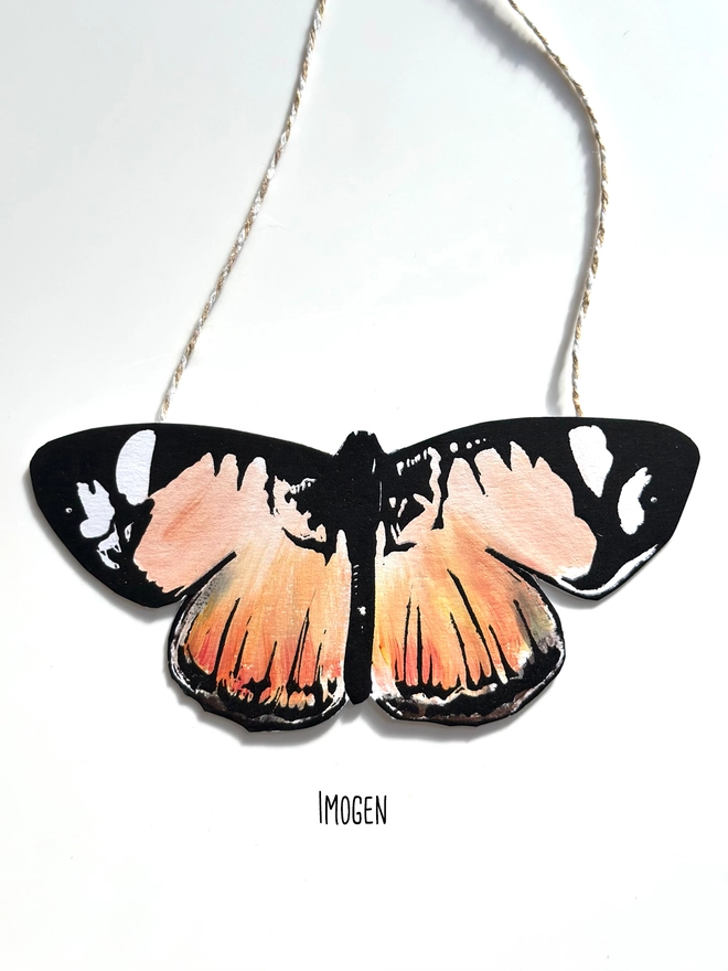 Hand Painted Butterfly Colourful Linocut Hanging Decoration In Orange Peach and black