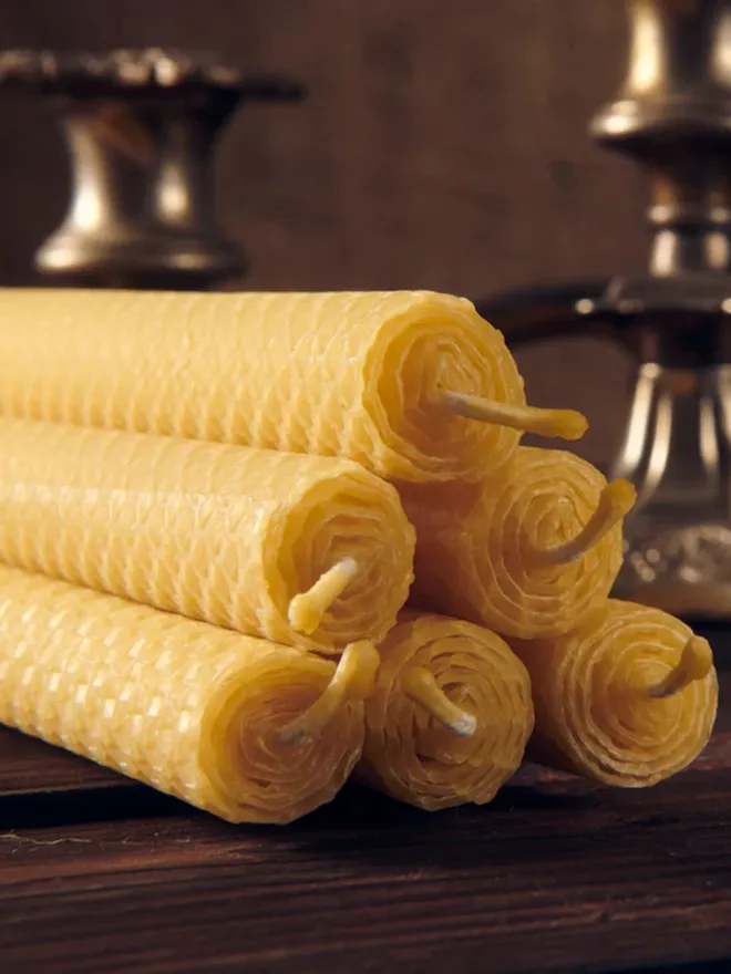 Hand Rolled Pure Beeswax Dinner Candles 27cm Tall, Box of 6