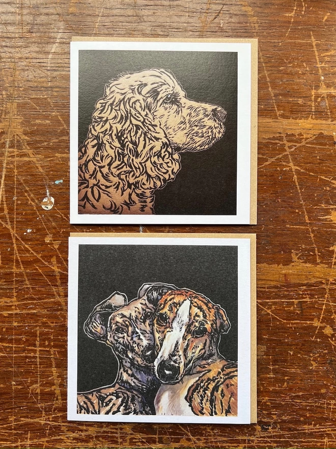 spaniel and greyhound linocut art cards