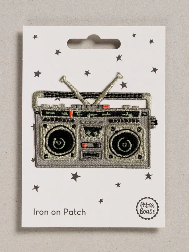 Retro boombox Iron on embroidered patch.