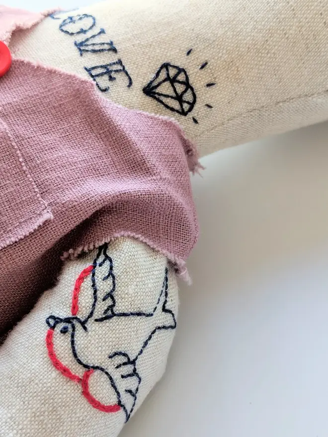 tattooed bear doll. two cream linen bear dolls with embroidered arm tattoos and a pink waistcoat.