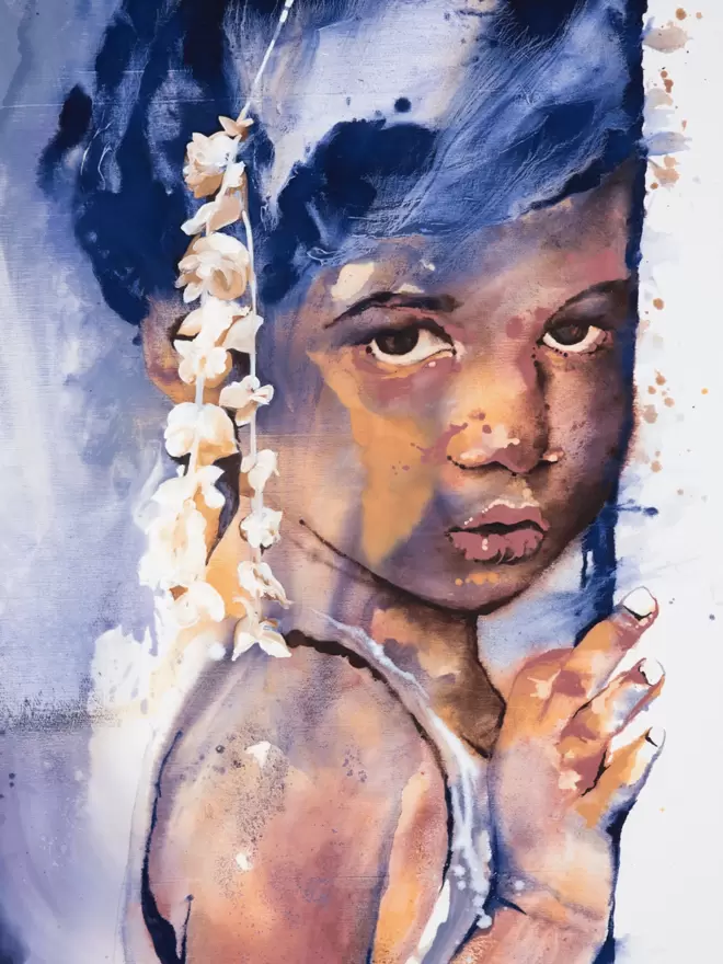 A detail of the face of a young Indian girl as she looks directly at us. She has short hair painted blue which is dripping with Jasmine flowers.