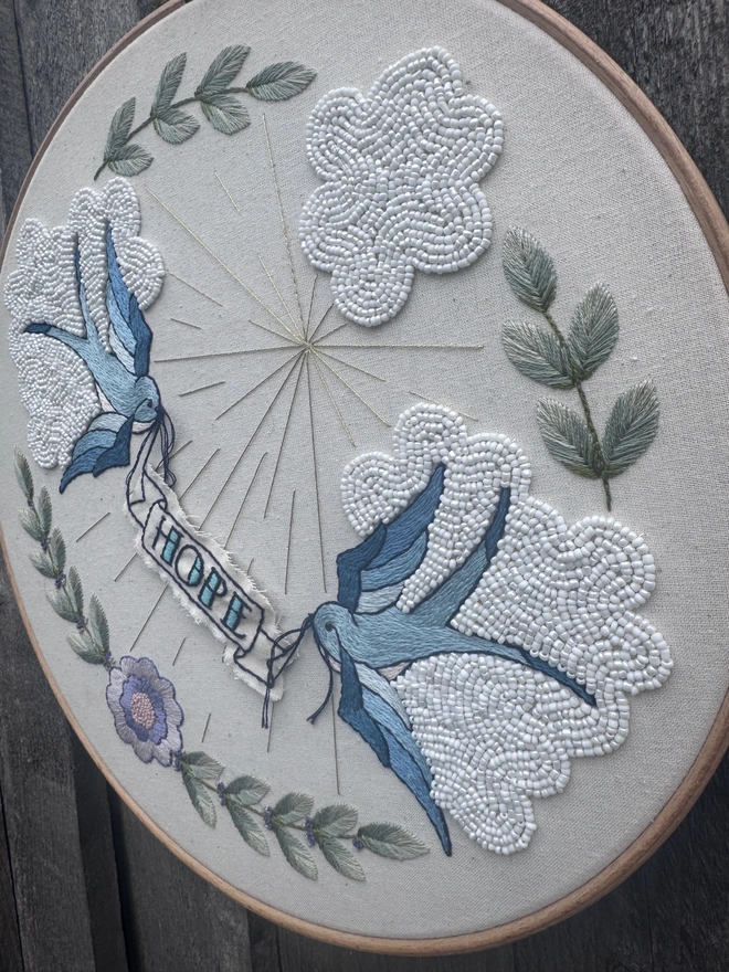 Embroidery hoop containing blue swallows carrying a banner containing the word Hope under white clouds and the suns rays
