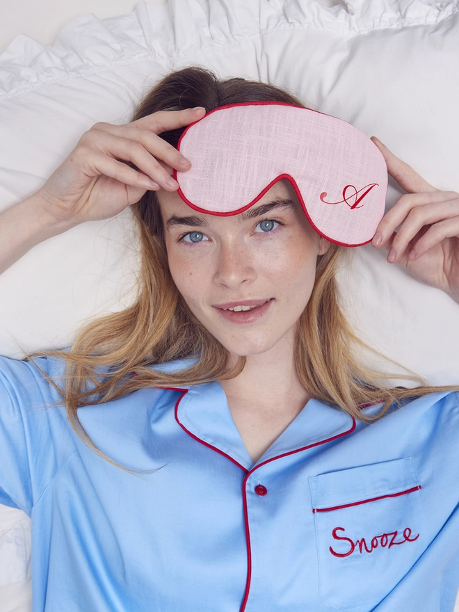 CATHERINE COLEBROOK PINK LINEN CALLIGRAPHY EYE MASK 2