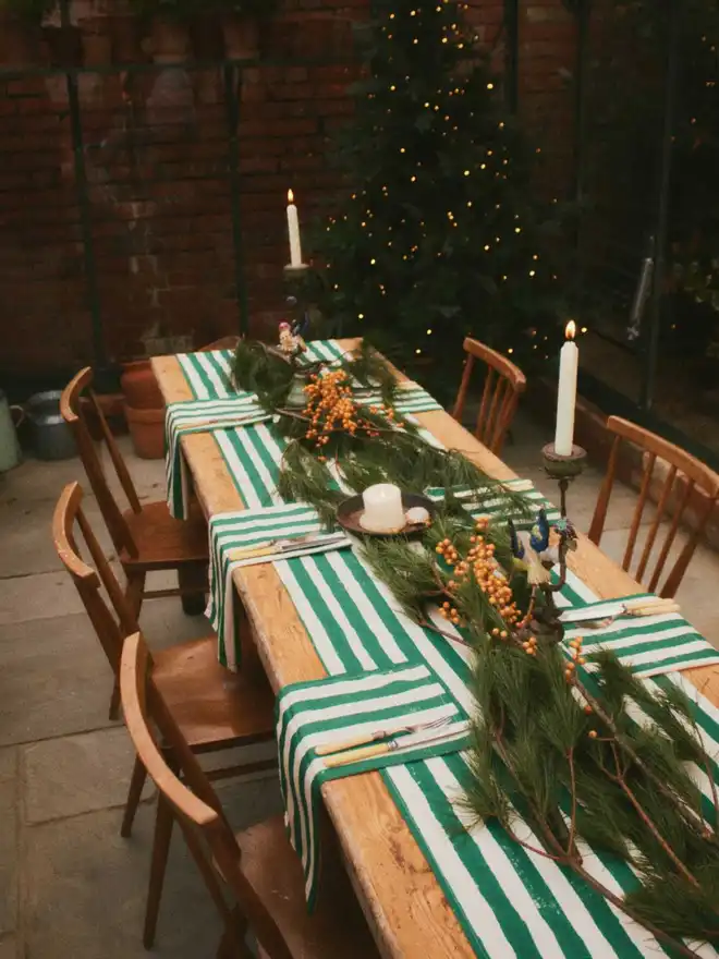 Christmas Green Stripe Table Runner and Napkin Set