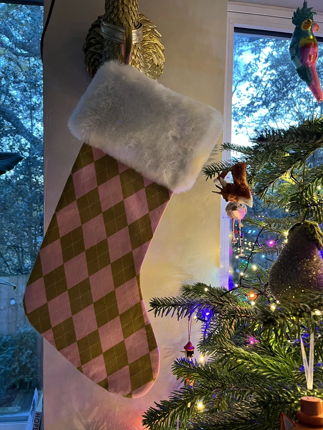 Pink and Olive Argyle with White Fur Cuff 