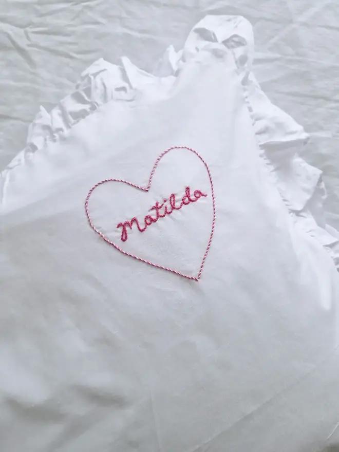 hand embroidered name heart pillowcase