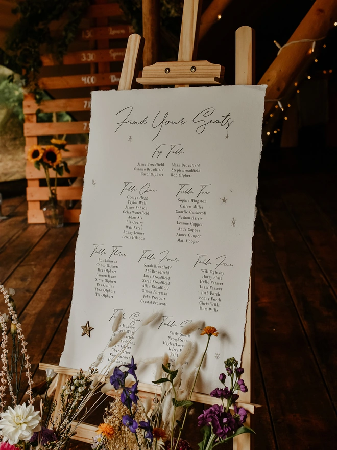 celestial themed seating plan at a rustic wedding