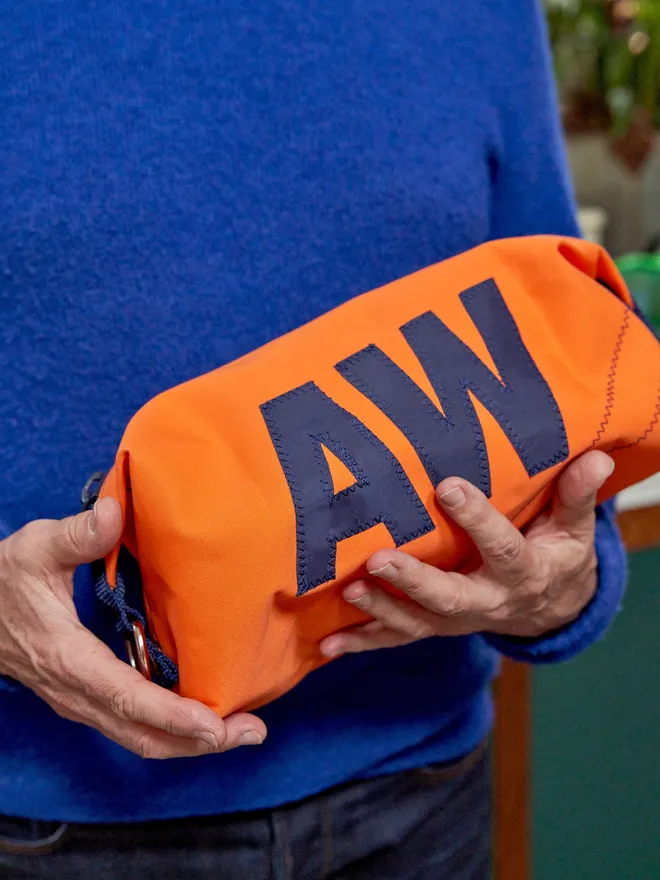 personalised canvas wash bag in Orange 