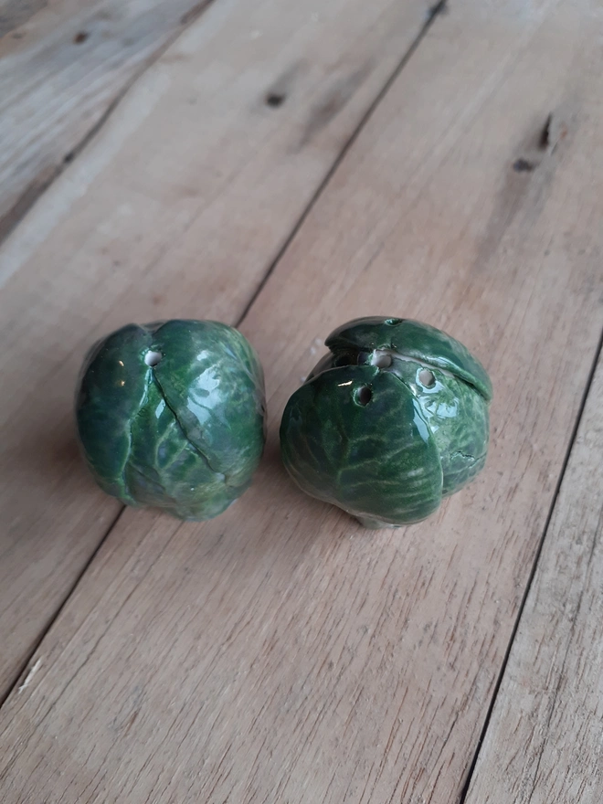 Unique artisan Brussels sprout ceramic shakers for salt and pepper, glossy finish,