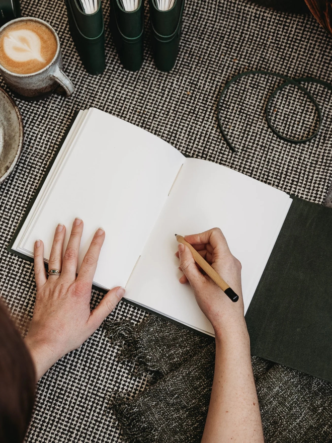 reclaimed saddlery leather journal. an open journal showing plain pages inside.