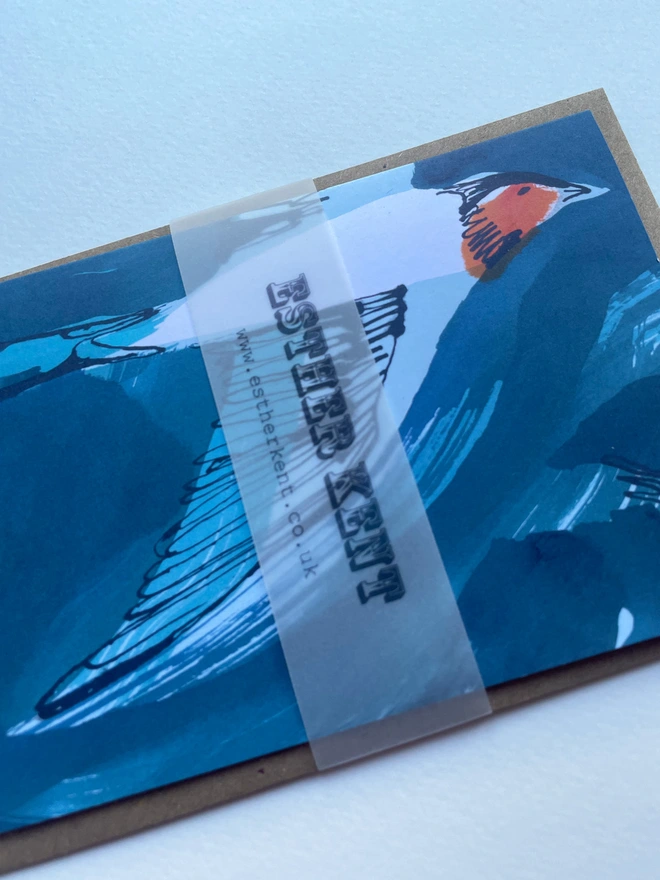 Esther Kent illustrated greeting card showing inky blue swallow illustration on a teal background. The swallow's wing pops u.
