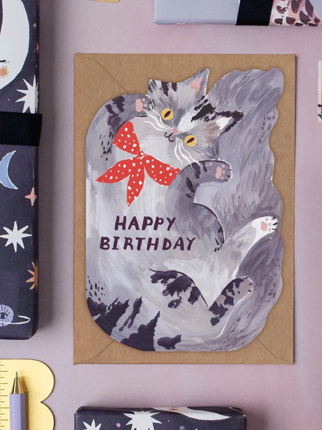 Bandana Cat Birthday Card styled with other Sister Paper Co greeting cards