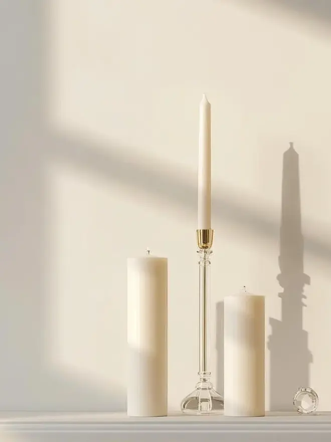 Lifeystle White Dinner Candle on a shelf with other candles